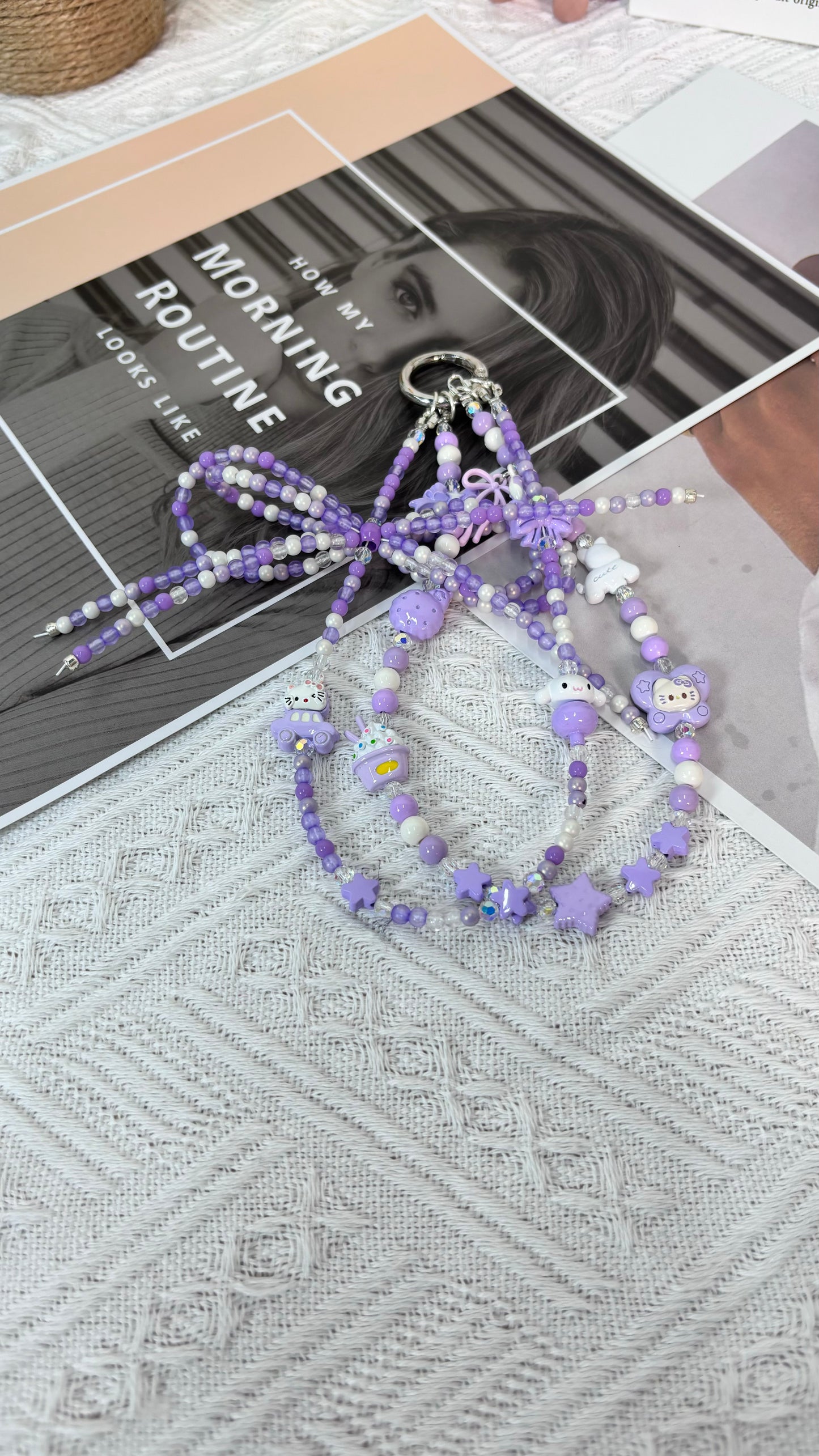 【CharmLink】Purple Beaded Phone Charm Wrist Strap with Cute Cartoon Accessories, Trendy Phone Chain Lanyard for Women – Stylish and Fun Mobile Accessory for iPhone, Samsung