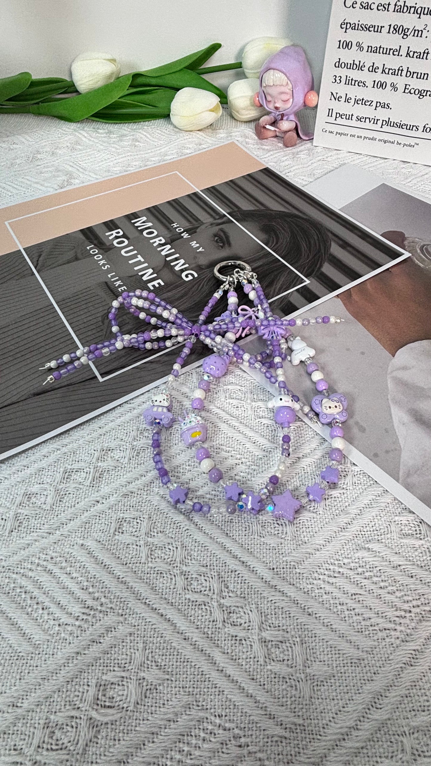 【CharmLink】Purple Beaded Phone Charm Wrist Strap with Cute Cartoon Accessories, Trendy Phone Chain Lanyard for Women – Stylish and Fun Mobile Accessory for iPhone, Samsung