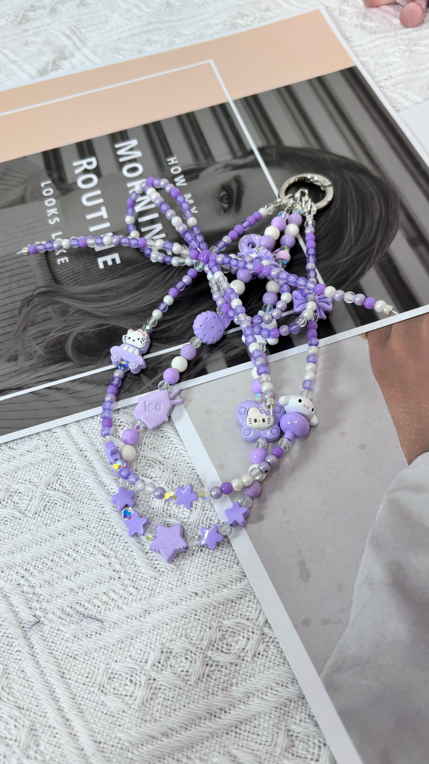 【CharmLink】Purple Beaded Phone Charm Wrist Strap with Cute Cartoon Accessories, Trendy Phone Chain Lanyard for Women – Stylish and Fun Mobile Accessory for iPhone, Samsung