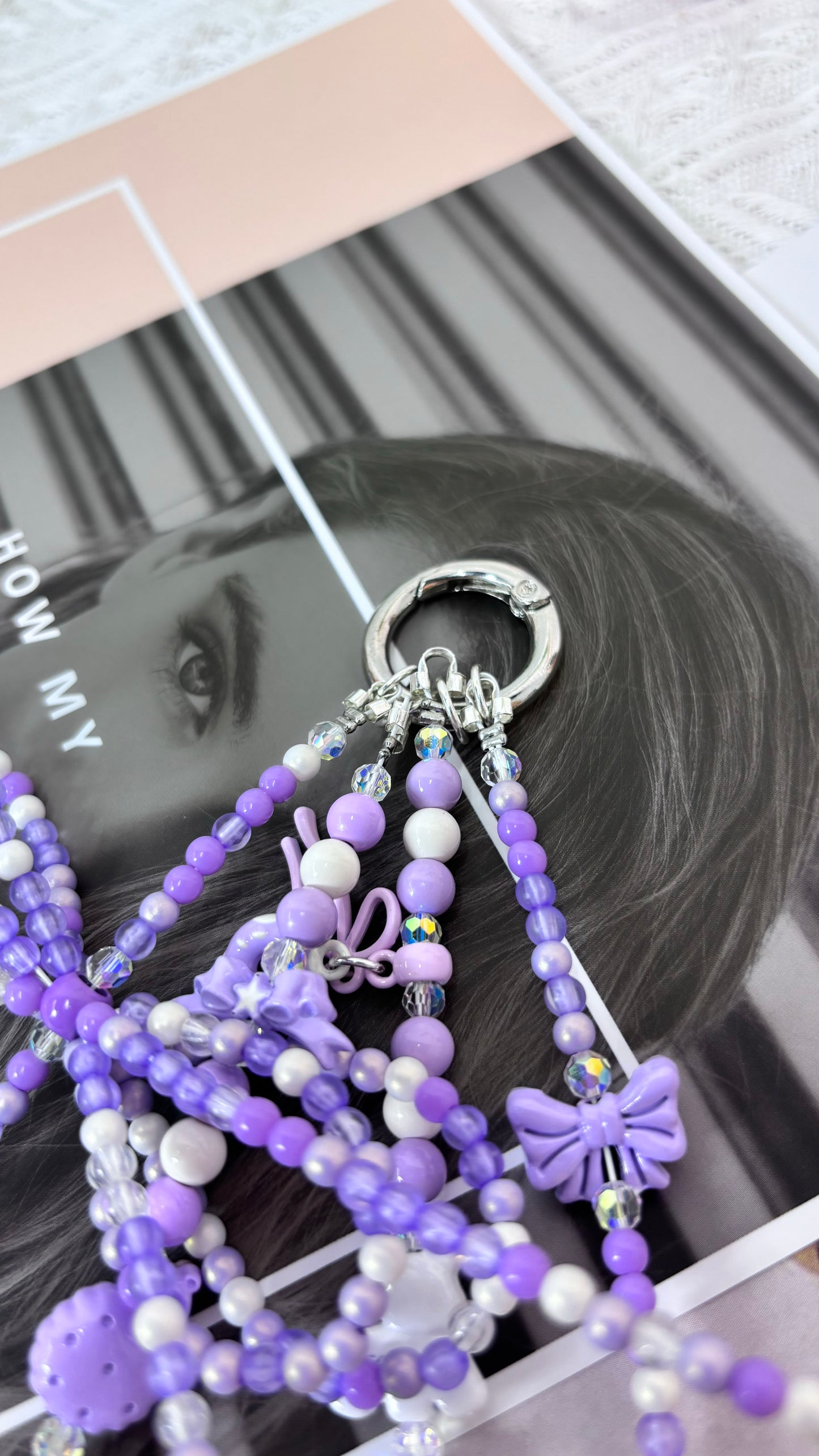【CharmLink】Purple Beaded Phone Charm Wrist Strap with Cute Cartoon Accessories, Trendy Phone Chain Lanyard for Women – Stylish and Fun Mobile Accessory for iPhone, Samsung