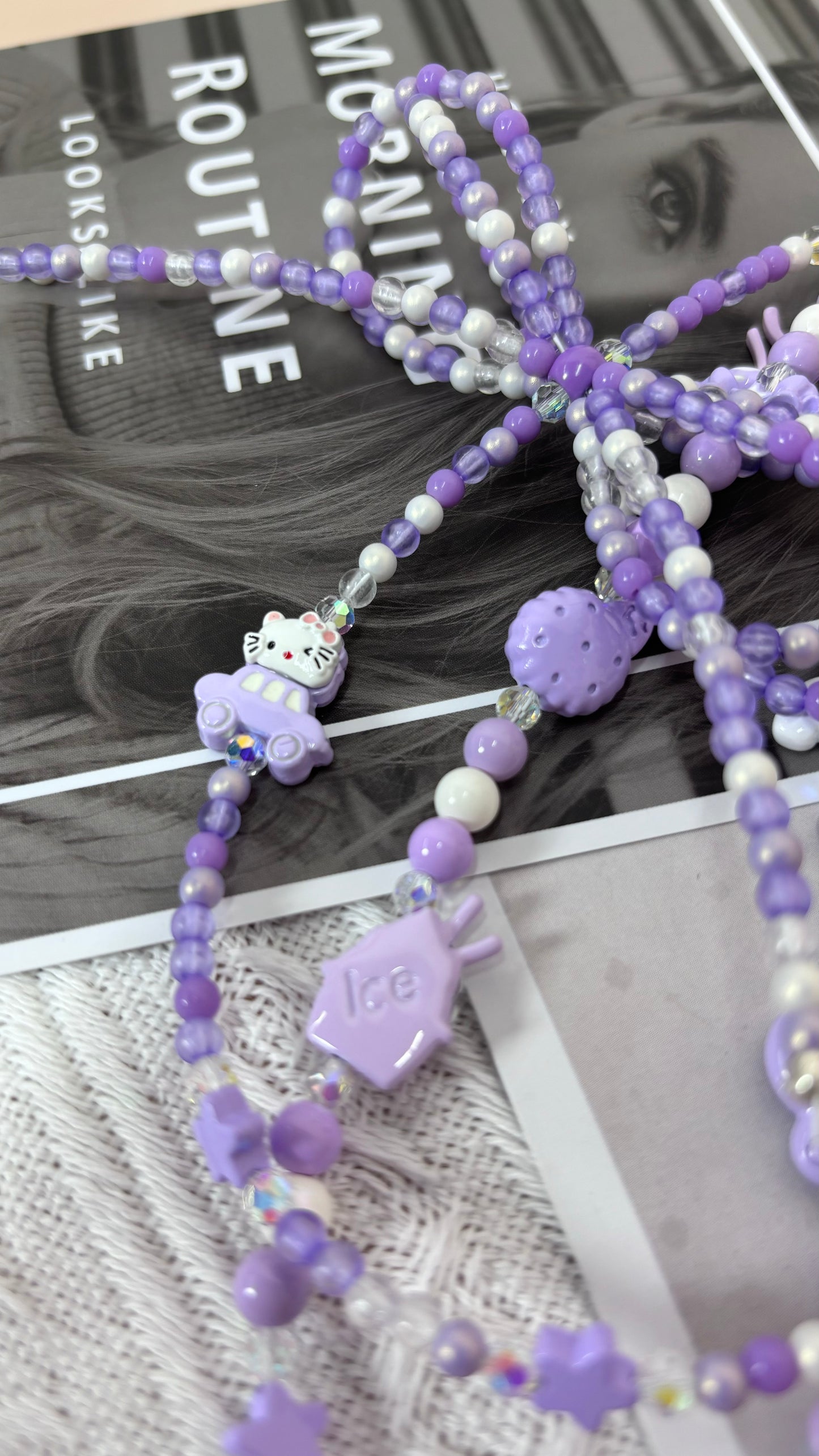 【CharmLink】Purple Beaded Phone Charm Wrist Strap with Cute Cartoon Accessories, Trendy Phone Chain Lanyard for Women – Stylish and Fun Mobile Accessory for iPhone, Samsung