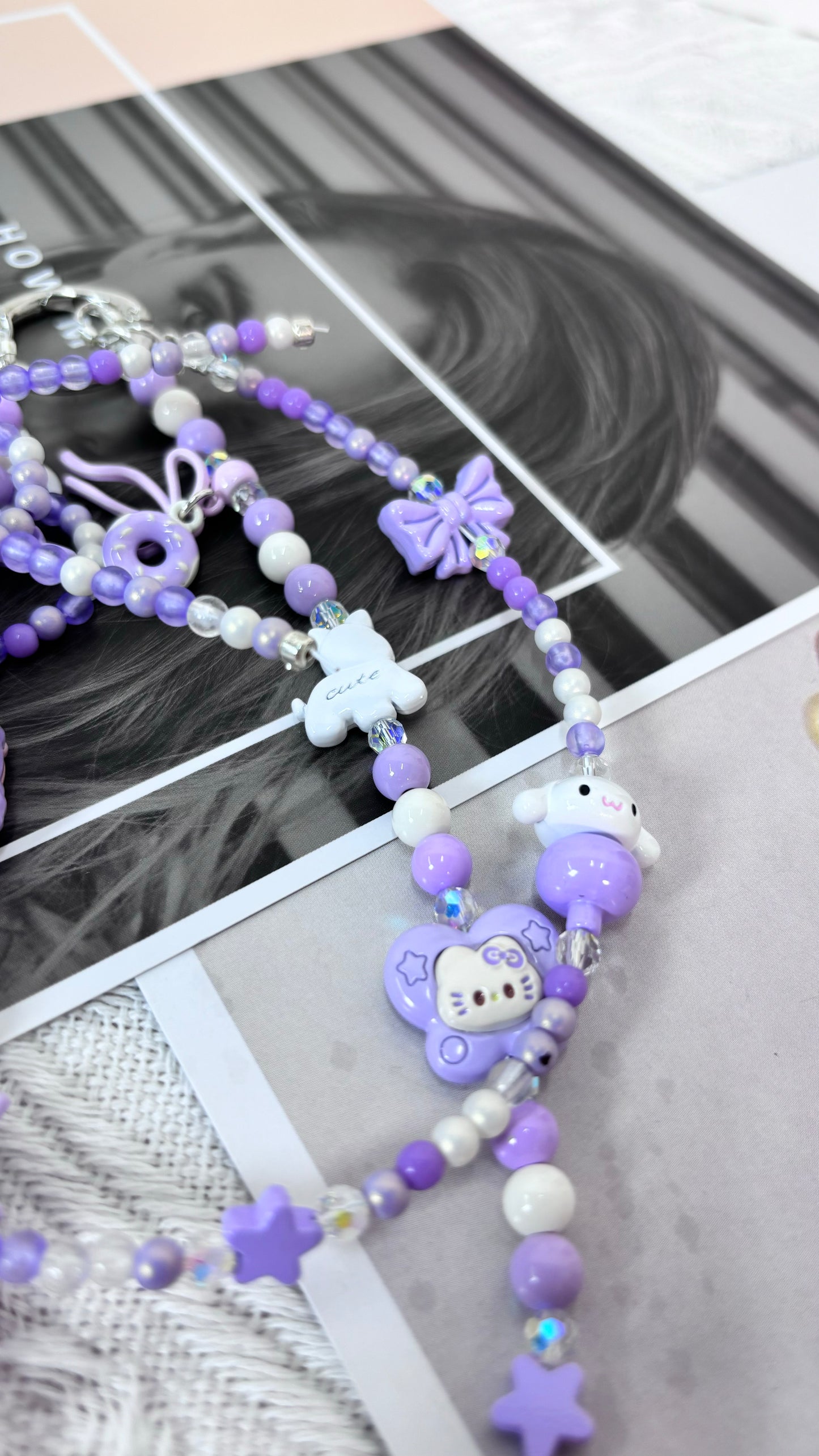 【CharmLink】Purple Beaded Phone Charm Wrist Strap with Cute Cartoon Accessories, Trendy Phone Chain Lanyard for Women – Stylish and Fun Mobile Accessory for iPhone, Samsung