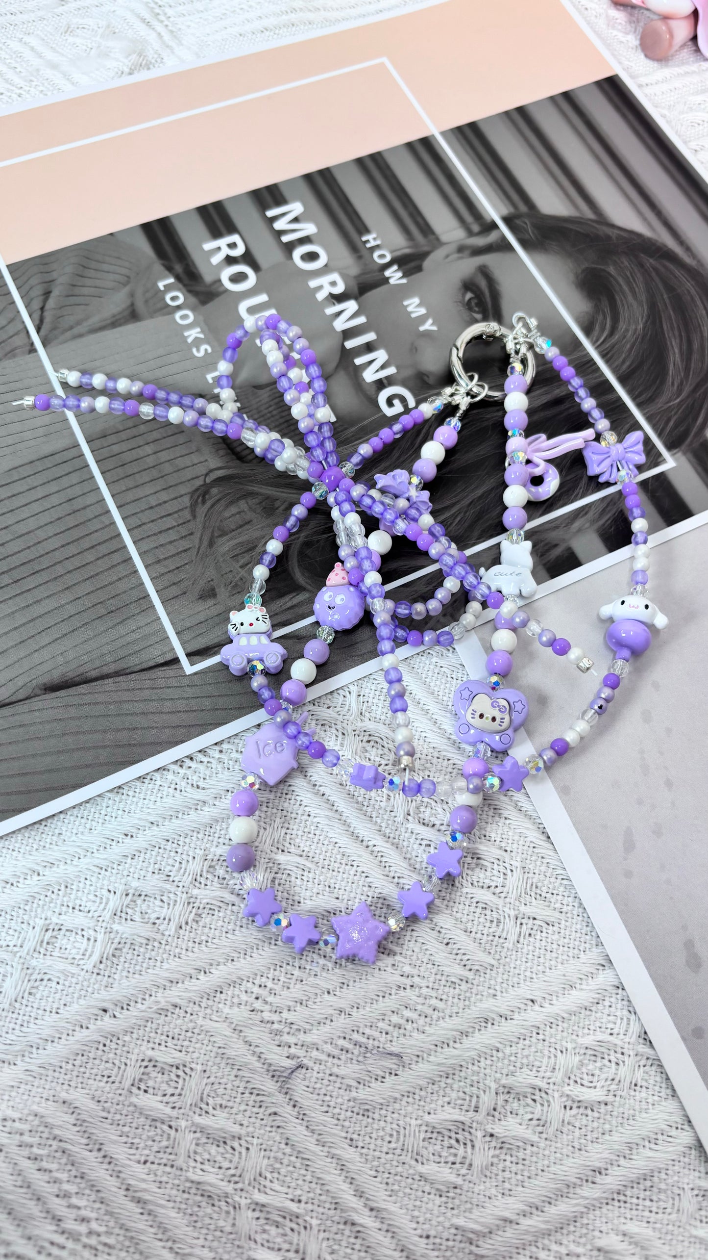 【CharmLink】Purple Beaded Phone Charm Wrist Strap with Cute Cartoon Accessories, Trendy Phone Chain Lanyard for Women – Stylish and Fun Mobile Accessory for iPhone, Samsung