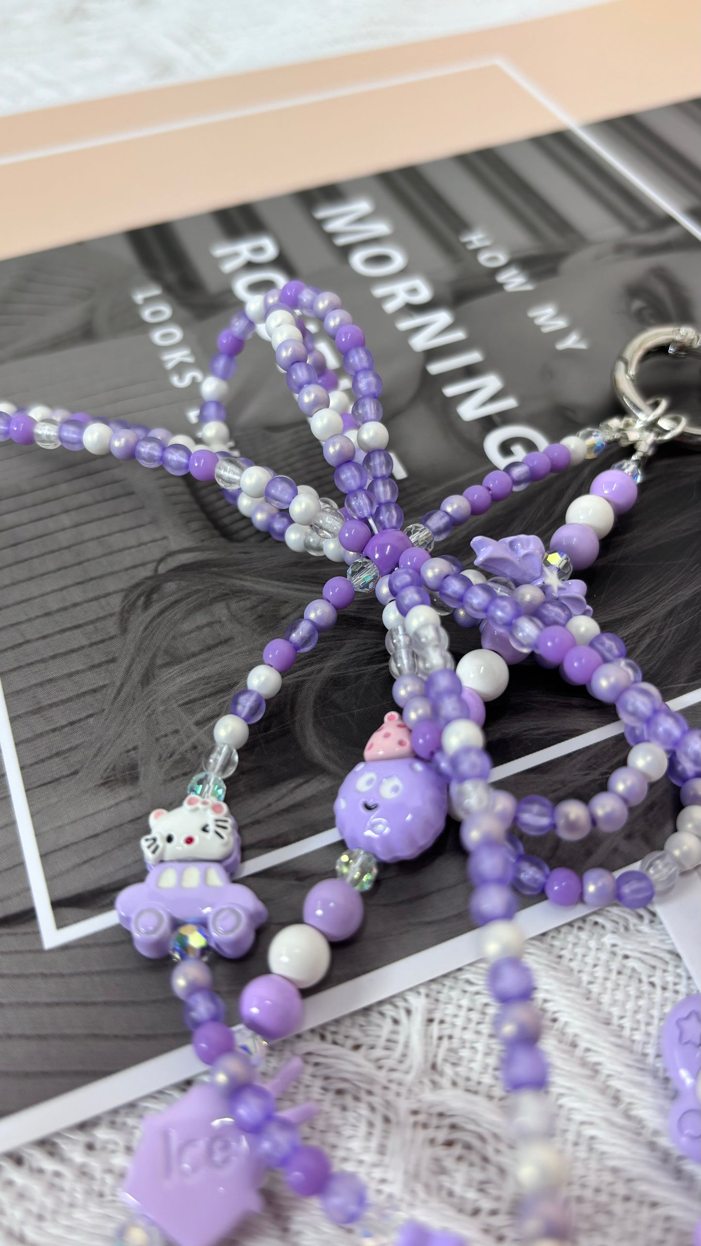 【CharmLink】Purple Beaded Phone Charm Wrist Strap with Cute Cartoon Accessories, Trendy Phone Chain Lanyard for Women – Stylish and Fun Mobile Accessory for iPhone, Samsung