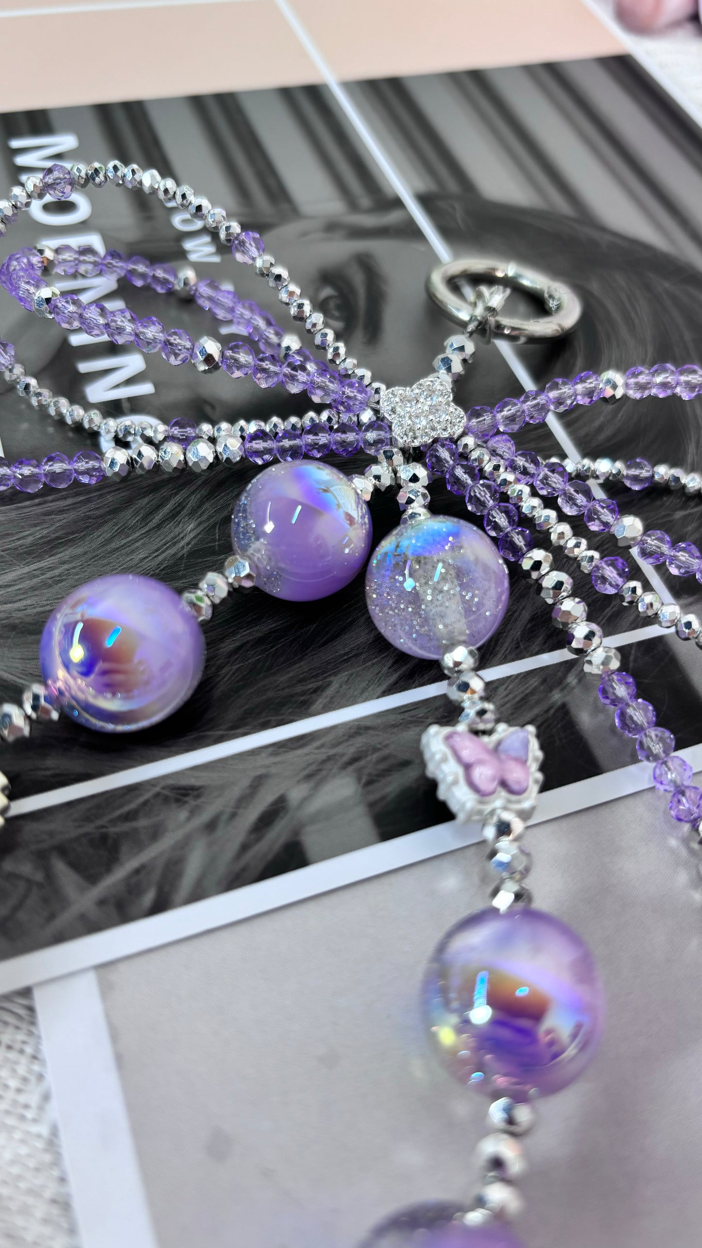 【CharmLink】Legant Purple Beaded Phone Charm Wrist Strap with Iridescent Beads, Stylish Lanyard for iPhone & Samsung – Trendy and Durable Mobile Accessory for Women