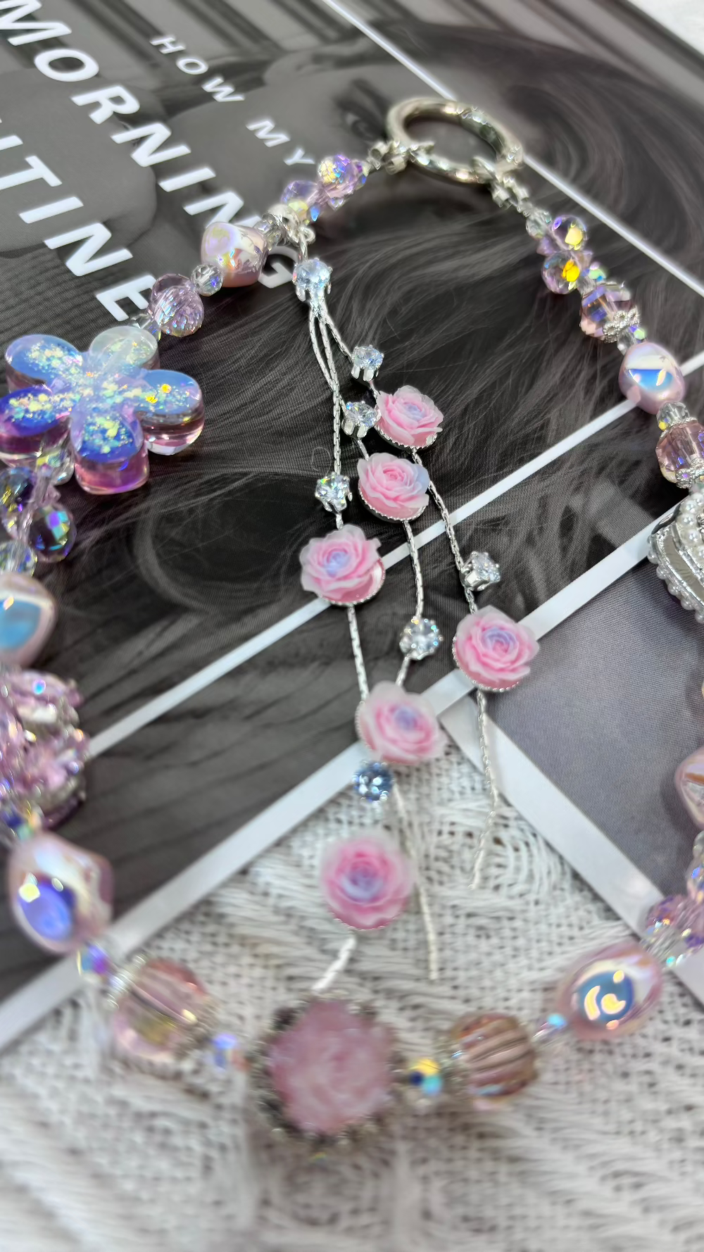 【CharmLink】Pink Floral Beaded Phone Chain Wrist Strap – Stylish Phone Charm, Wristlet, and Lanyard for iPhone, Samsung