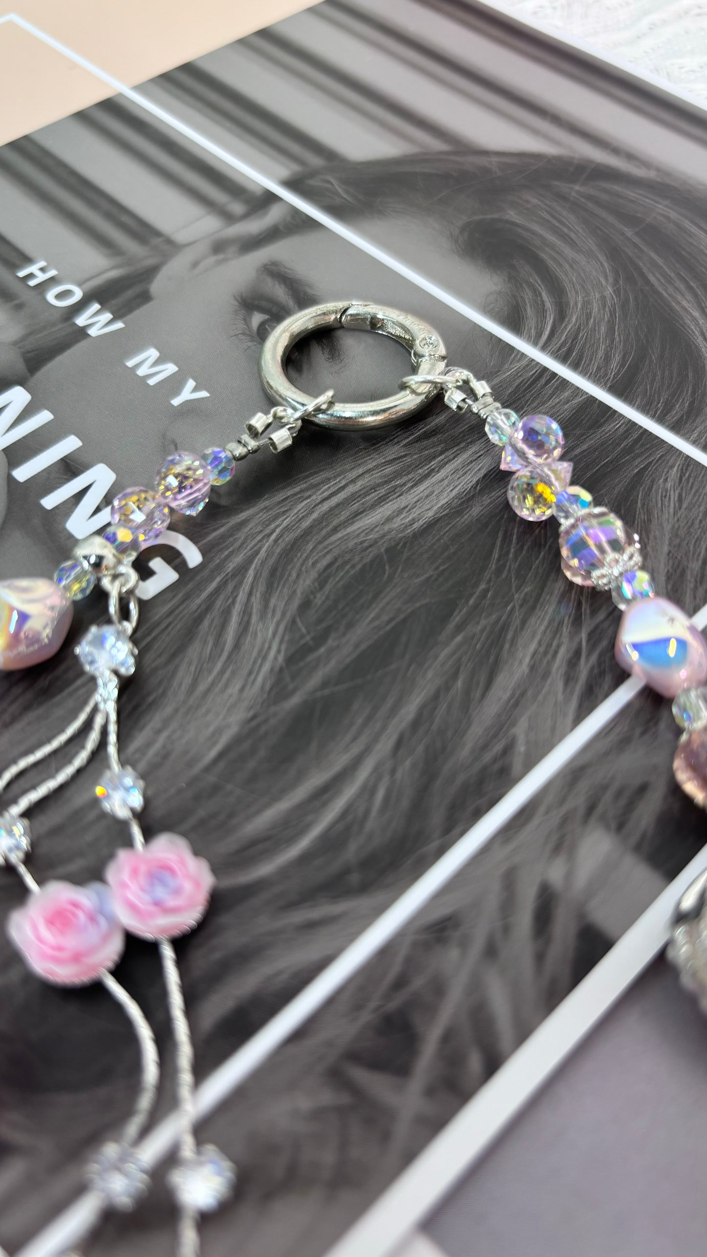 【CharmLink】Pink Floral Beaded Phone Chain Wrist Strap – Stylish Phone Charm, Wristlet, and Lanyard for iPhone, Samsung
