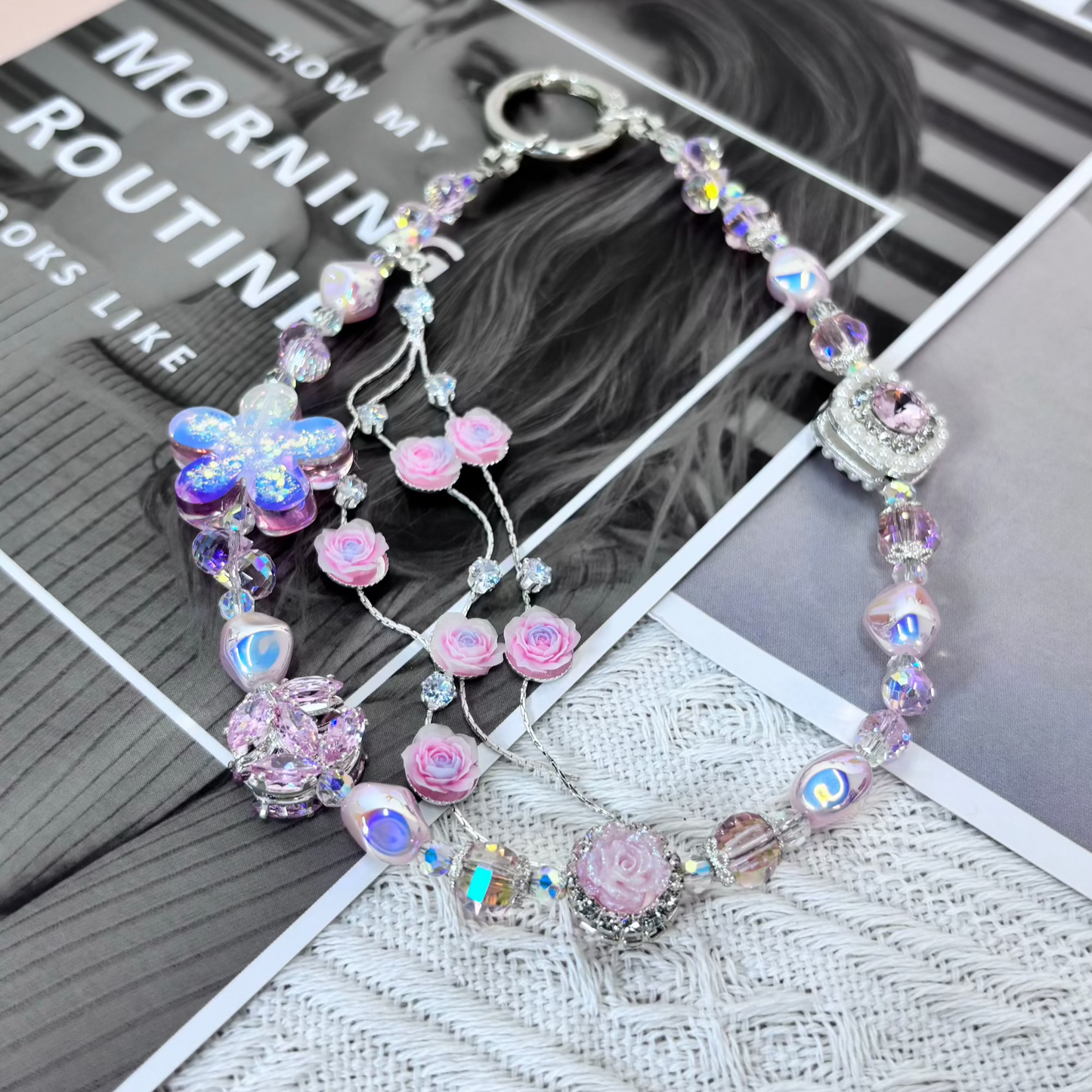 【CharmLink】Pink Floral Beaded Phone Chain Wrist Strap – Stylish Phone Charm, Wristlet, and Lanyard for iPhone, Samsung