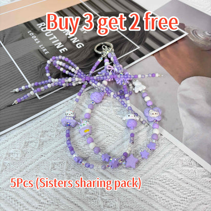 【CharmLink】Purple Beaded Phone Charm Wrist Strap with Cute Cartoon Accessories, Trendy Phone Chain Lanyard for Women – Stylish and Fun Mobile Accessory for iPhone, Samsung