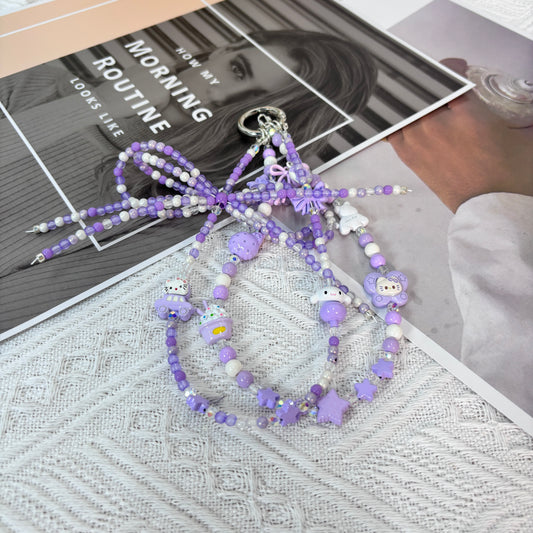 【CharmLink】Purple Beaded Phone Charm Wrist Strap with Cute Cartoon Accessories, Trendy Phone Chain Lanyard for Women – Stylish and Fun Mobile Accessory for iPhone, Samsung