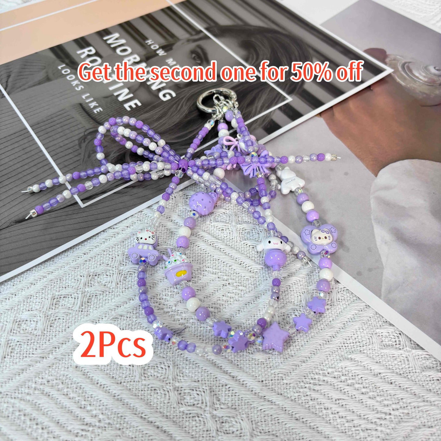 【CharmLink】Purple Beaded Phone Charm Wrist Strap with Cute Cartoon Accessories, Trendy Phone Chain Lanyard for Women – Stylish and Fun Mobile Accessory for iPhone, Samsung