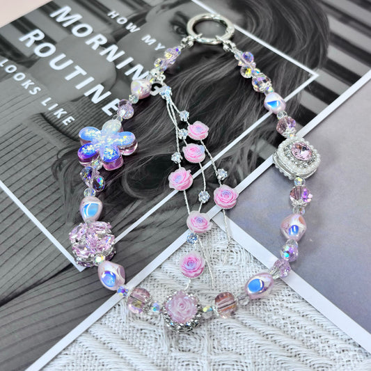 【CharmLink】Pink Floral Beaded Phone Chain Wrist Strap – Stylish Phone Charm, Wristlet, and Lanyard for iPhone, Samsung